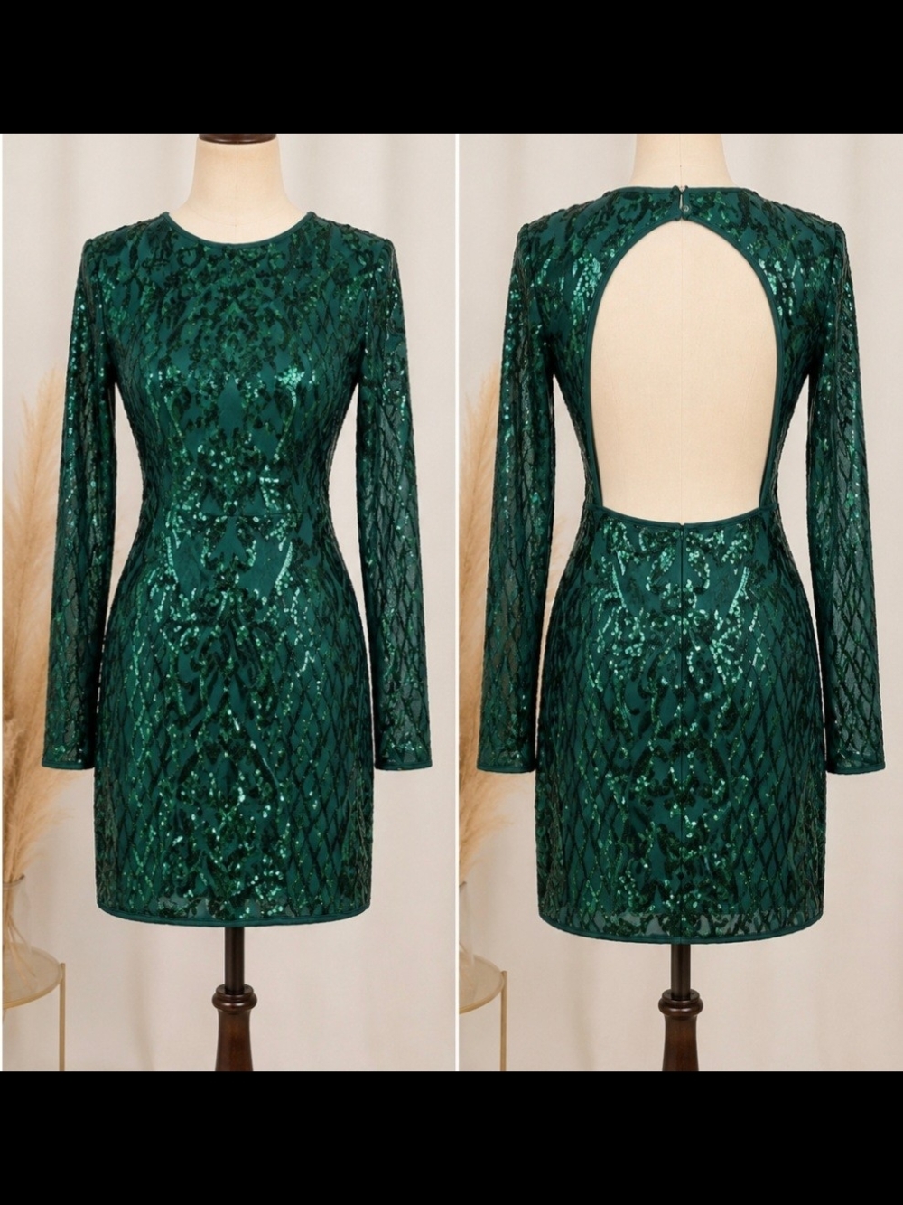 privy Emerald Sequin Long Sleeve Open-Back Mini Dress